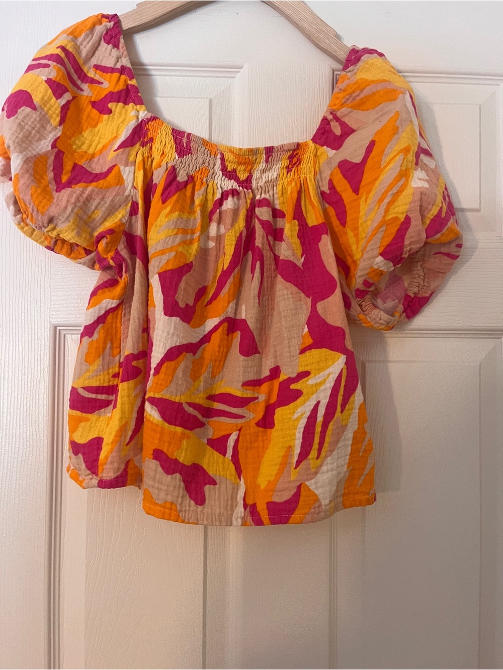 Sanctuary Puff Sleeve Square Neck Blouse in Pink, Orange & Cream - Picture 2 of 3